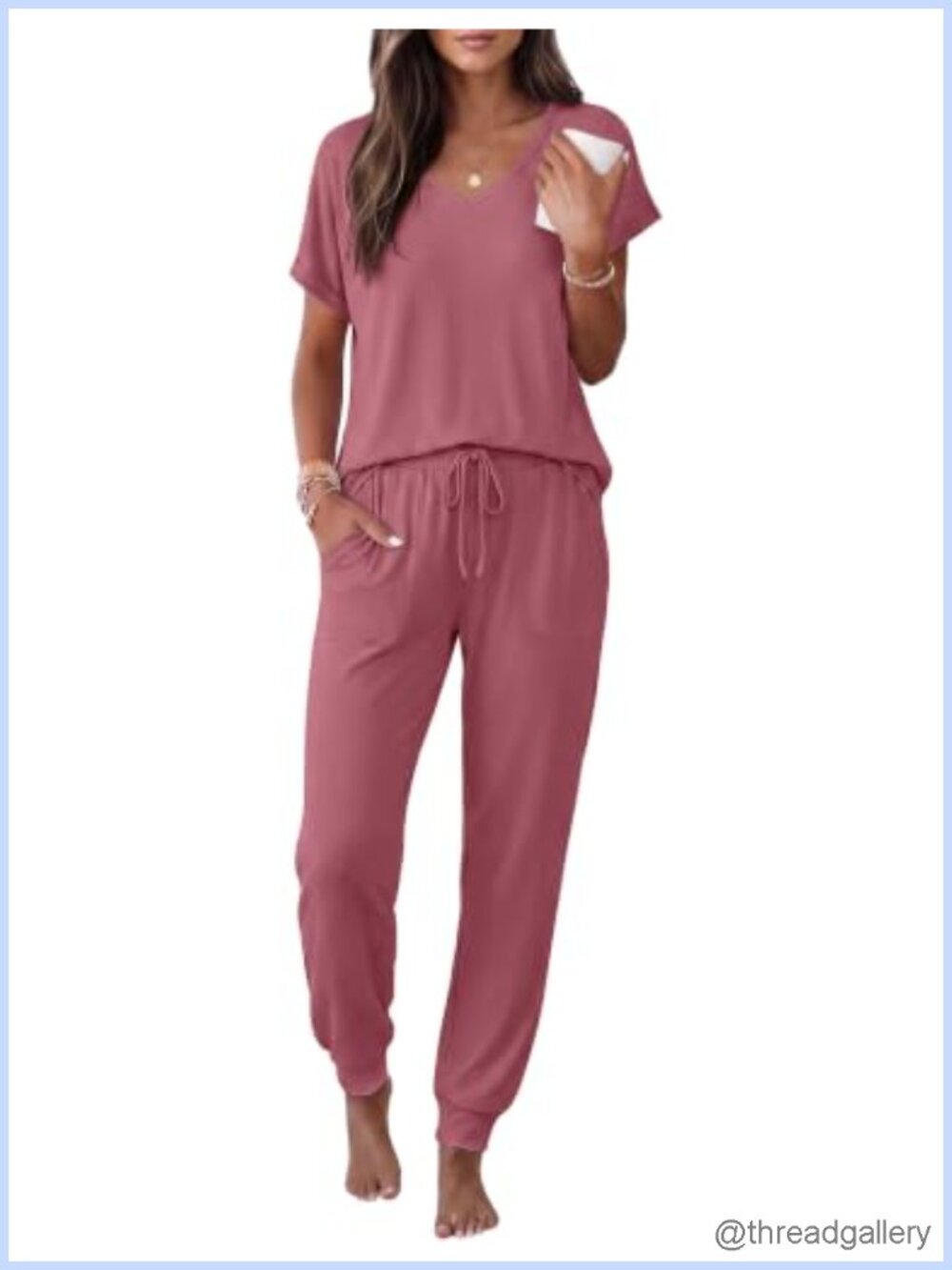 Ekouaer Women's Pajama Set 2 Piece Short Sleeve V-Neck Jogger Lounge Set